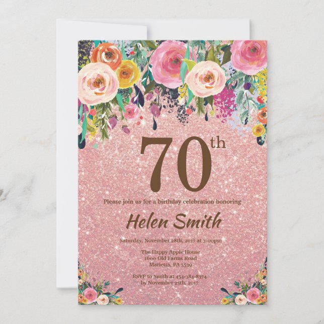 Rose Gold Glitter Pink Floral 70th Birthday Invitation (Front)