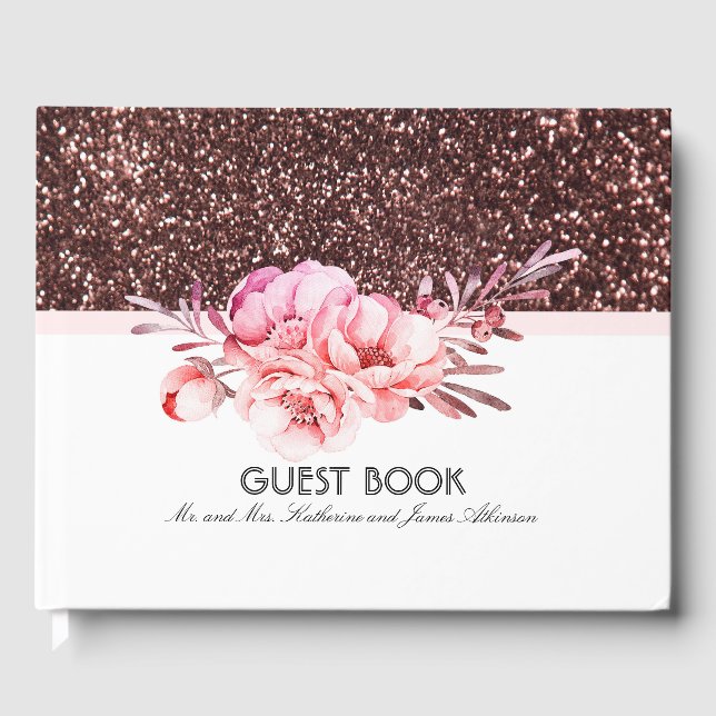 Rose Gold Glitter Pink Floral Bouquet Wedding Guest Book (Front)