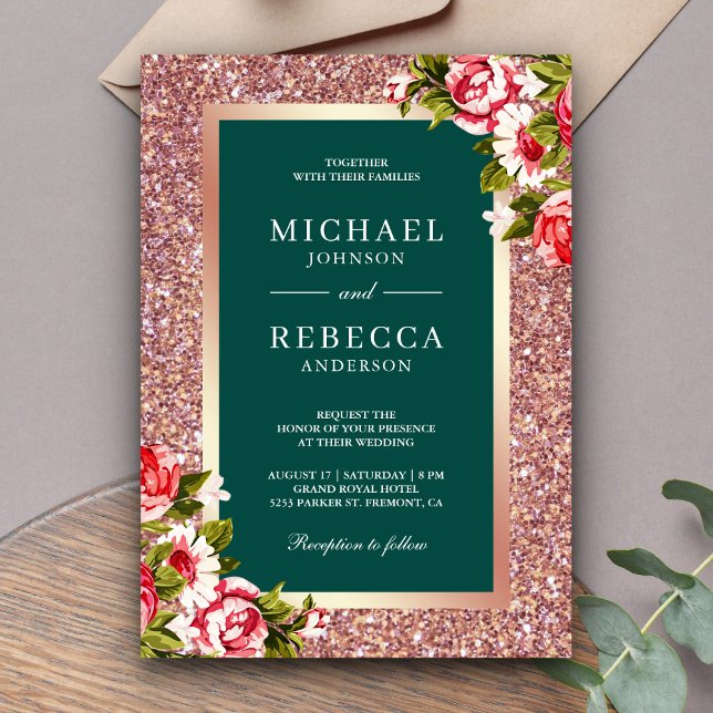 Rose Gold Glitter Pink Floral Emerald Wedding Invitation (Creator Uploaded)