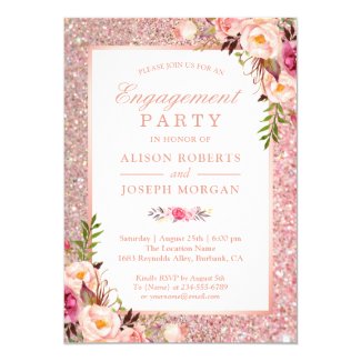 Rose Gold Glitter Pink Floral Engagement Party Card