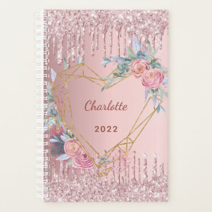 Rose gold  glitter pink floral monogram 2023