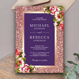 Rose Gold Glitter Pink Floral Violet Wedding Invitation