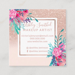 Rose Gold glitter pink floral watercolor makeup Square Business Card