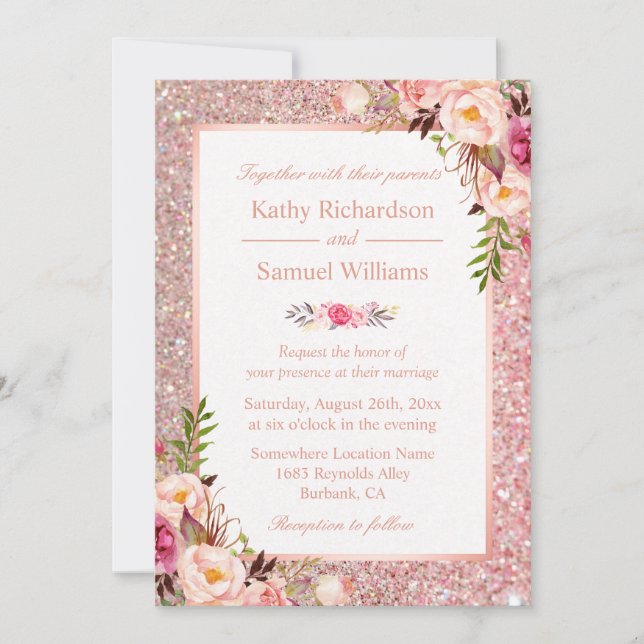 Rose Gold Glitter Pink Floral Wedding Invitation (Front)