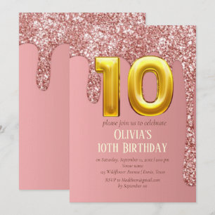 Rose Gold Glitter Pink Girl Girly 10th Birthday Invitation