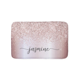 Rose Gold Glitter Pink Metal Monogram Calligraphy Bath Mat