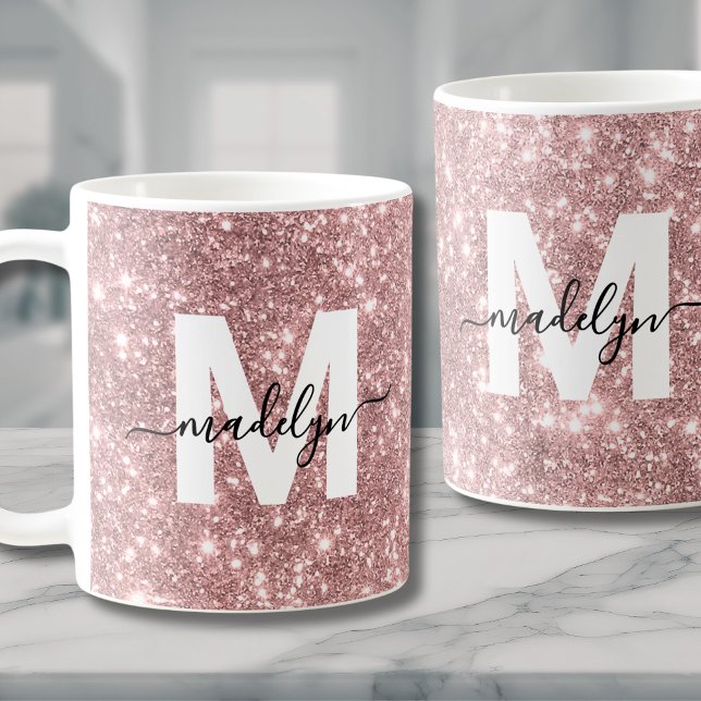 Rose Gold Glitter Pink Monogram Coffee Mug (Rose Gold Glitter Sparkle Monogram Coffee Mug)