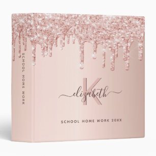 Rose gold glitter pink monogram glam school binder