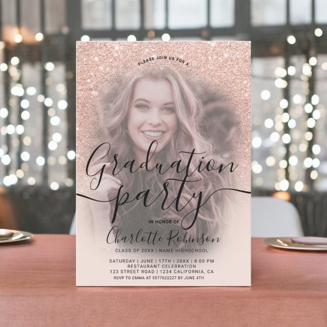 Rose gold glitter pink ombre 3 photos graduation invitation (Rose gold glitter pink ombre 3 photos graduation invitation)