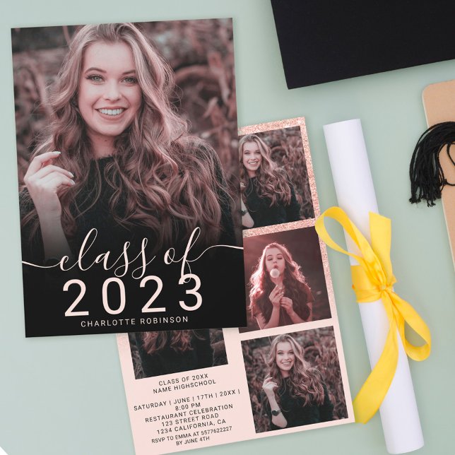 Rose gold glitter pink ombre 5 photos graduation invitation (Creator Uploaded)