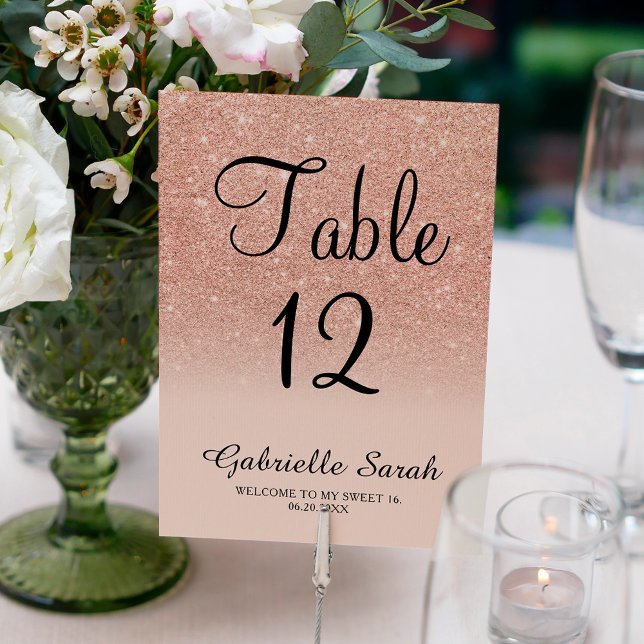 Rose gold glitter pink ombre sweet 16 table table number (Creator Uploaded)