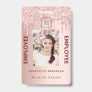 Rose gold glitter pink photo beauty salon employee badge