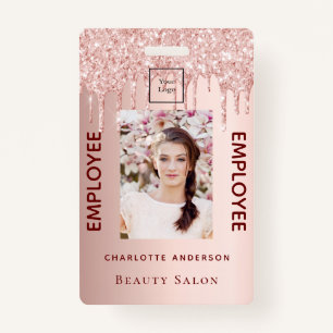 Rose gold glitter pink photo beauty salon employee badge
