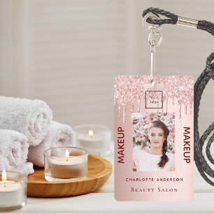 Rose gold glitter pink photo beauty salon makeup badge