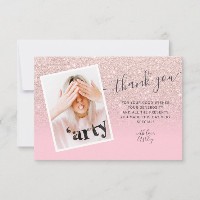Rose gold glitter pink photo thank you Sweet 16 (Front)