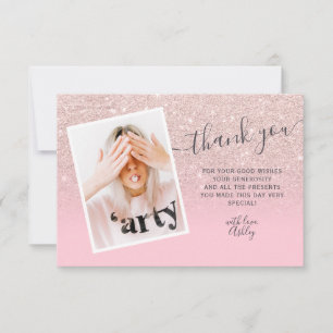 Rose gold glitter pink photo thank you Sweet 16 Card