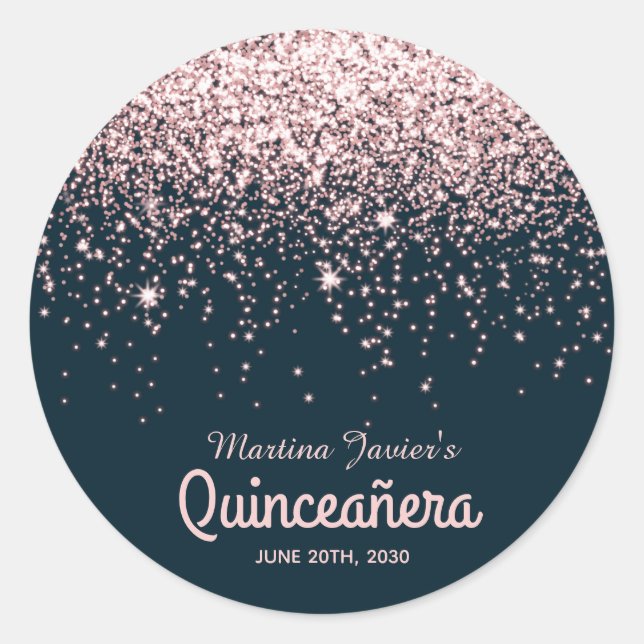 Rose Gold Glitter Pink Quinceañera 15th Birthday Classic Round Sticker (Front)