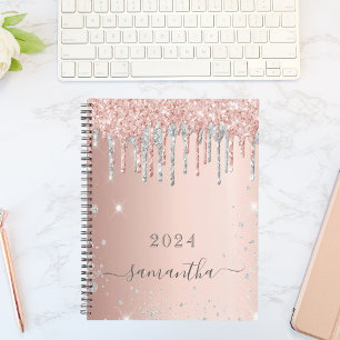 Rose gold glitter pink silver monogram 2023 planner