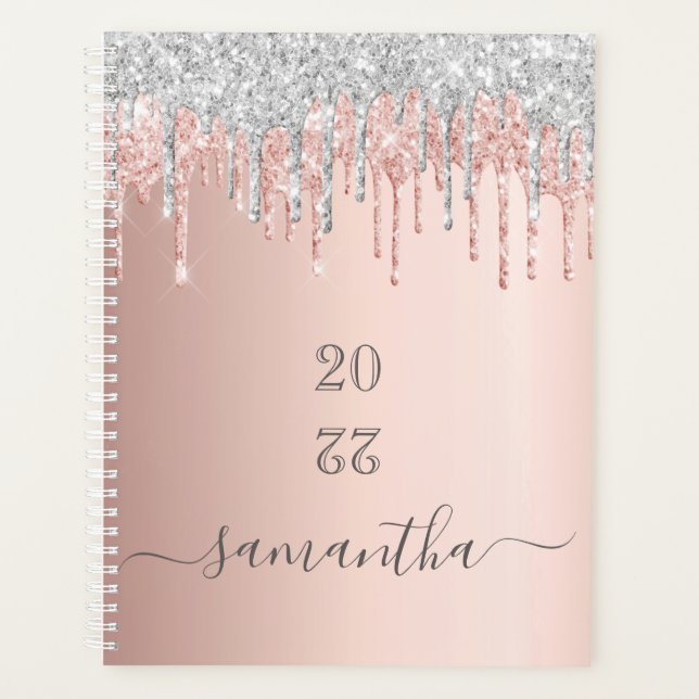 Rose gold glitter pink silver monogram 2025 planner (Front)