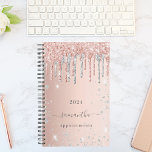 Rose gold glitter pink silver name 2025 planner<br><div class="desc">A rose gold background with elegant rose gold and faux silver glitter drips, paint dripping look. Template for a year. Personalize and add a name. The name is written in dark rose gold with a large modern hand lettered style script with swashes. Perfect for school, work or organizing your personal/family...</div>