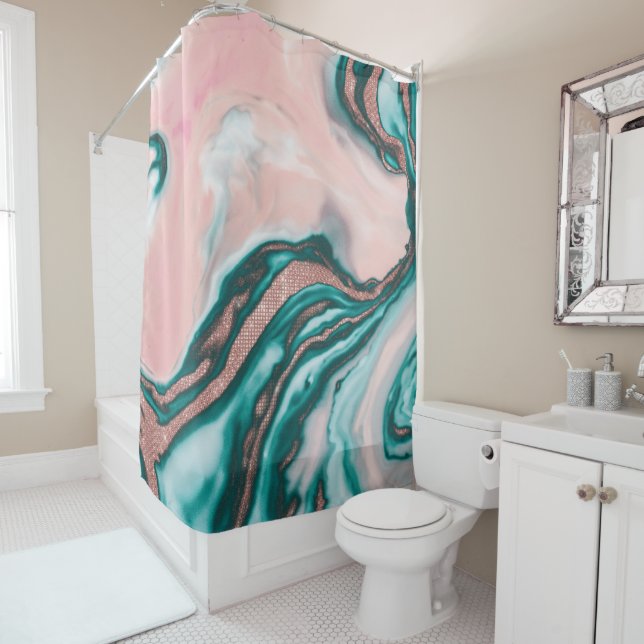 Rose Gold Glitter Pink Teal Swirly Painted Marble (In Situ)