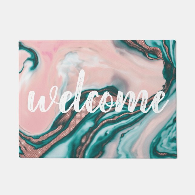 Rose Gold Glitter Pink Teal Swirly Painted Marble Doormat (Front)