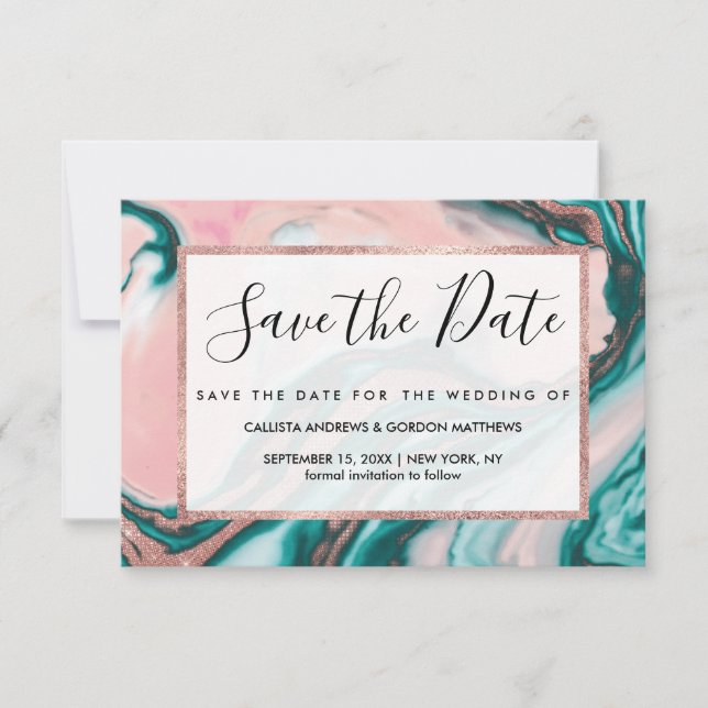 Rose Gold Glitter Pink Teal Swirly Painted Marble Save The Date (Front)