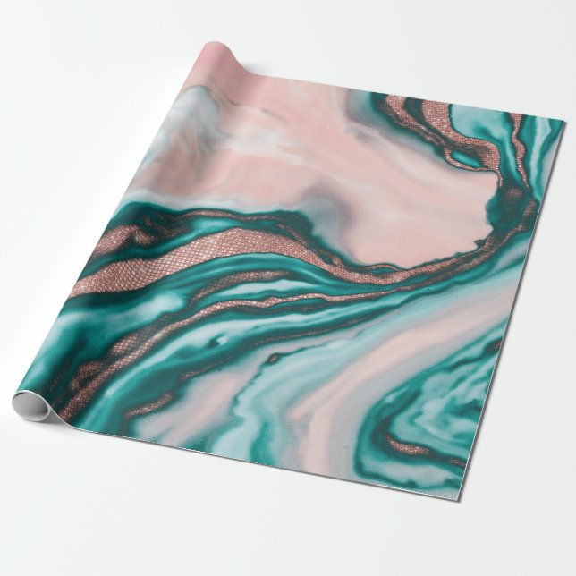 Rose Gold Glitter Pink Teal Swirly Painted Marble Wrapping Paper (Unrolled)