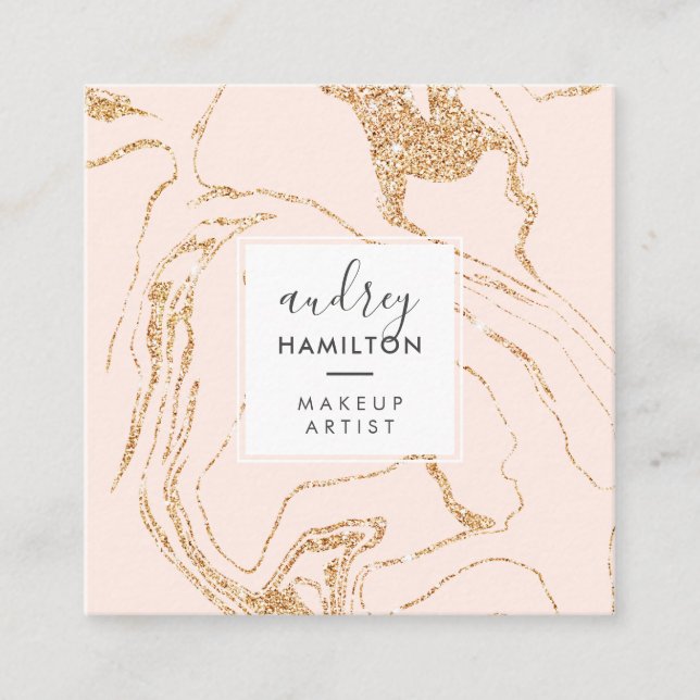 Rose gold glitter pink white marble elegant makeup square business card (Front)