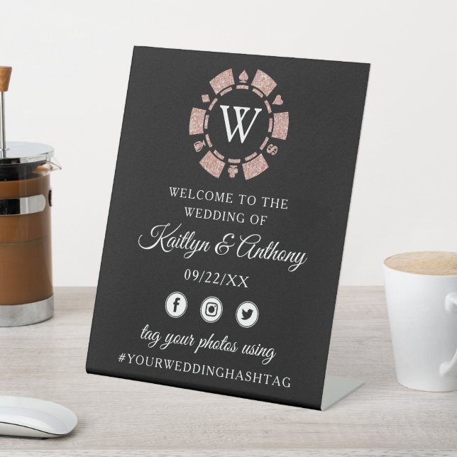 Rose Gold Glitter Poker Chip Casino Wedding Pedestal Sign (In SItu)