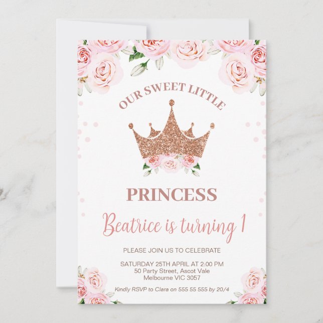 Rose Gold Glitter Princess Crown 1st Birthday Invitation (Front)