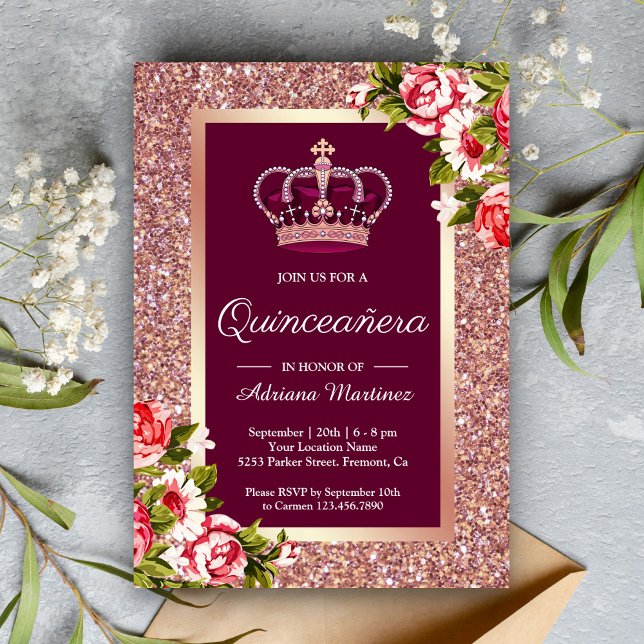 Rose Gold Glitter Princess Pink Floral Quinceanera Invitation (Creator Uploaded)