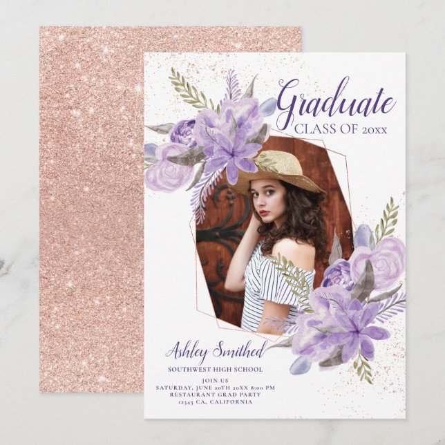 Rose gold glitter purple floral photo graduation invitation (Front/Back)