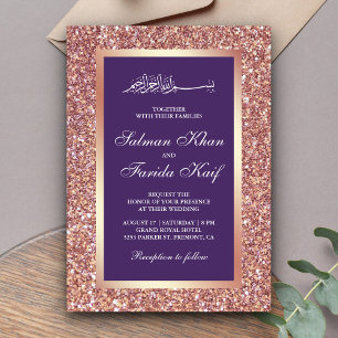 Rose Gold Glitter Purple Islamic Muslim Wedding Invitation