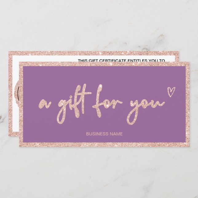 Rose Gold glitter purple logo gift certificate (Front/Back)