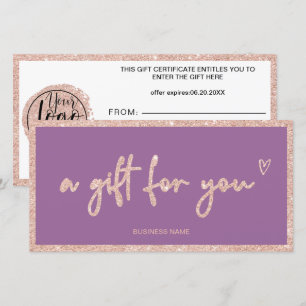 Rose Gold glitter purple logo gift certificate