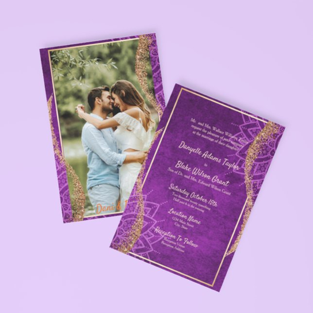 Rose Gold Glitter Purple Mandala Photo Wedding Invitation (Creator Uploaded)