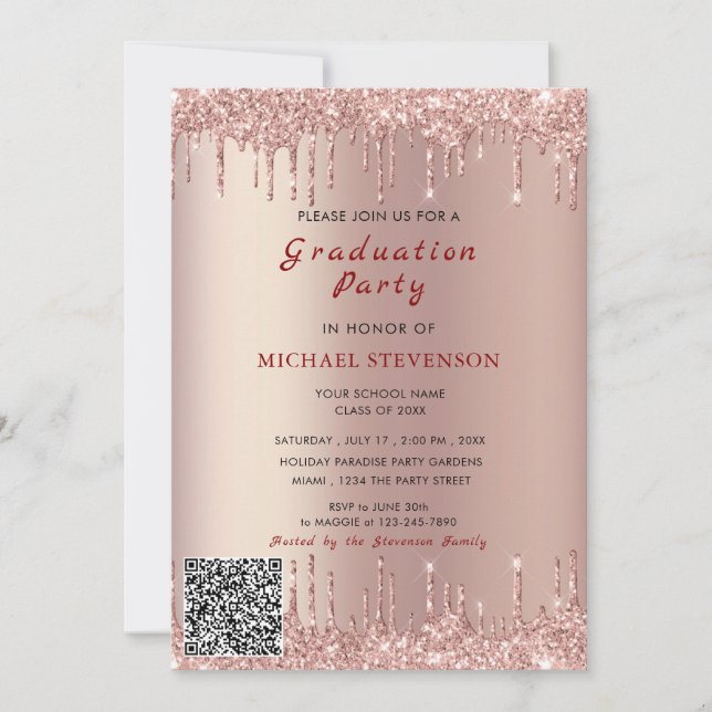 Rose Gold Glitter QR Code Graduation Invitation (Front)