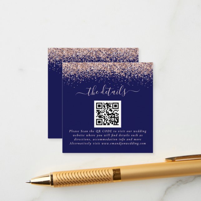 Rose Gold Glitter QR Code Navy Wedding Details Enclosure Card (Front/Back In Situ)