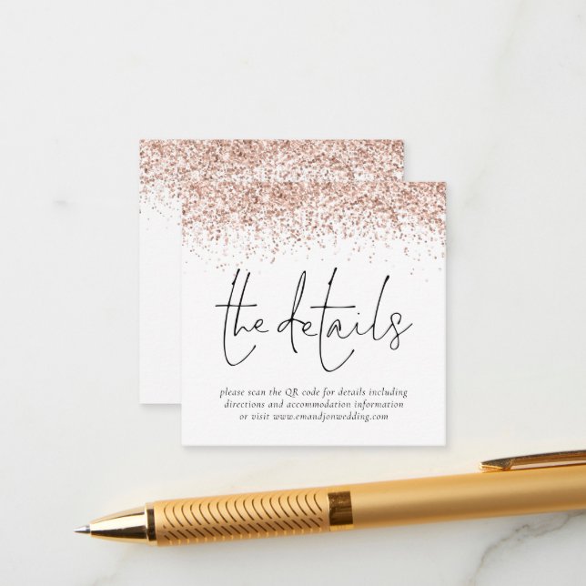 Rose Gold Glitter QR Code Wedding Details Enclosure Card (Front/Back In Situ)