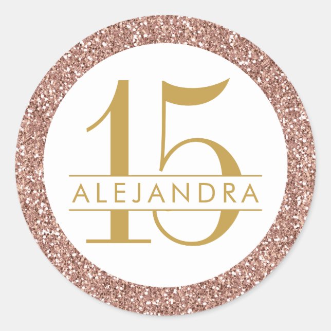 Rose Gold Glitter Quince Años Favour Sticker Label (Front)