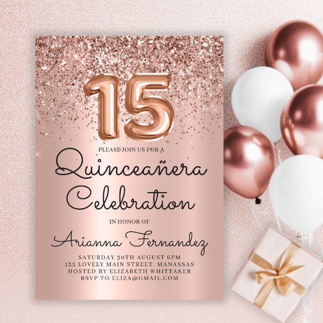 Rose Gold Glitter Quinceañera 15th Birthday Invitation (Creator Uploaded)