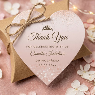 Rose Gold Glitter Quinceañera Heart Favour Tags
