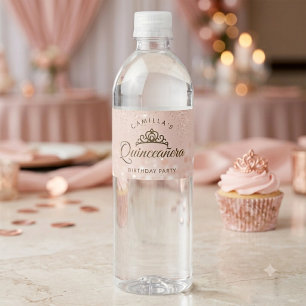 Rose Gold Glitter Quinceañera Water Bottle Label