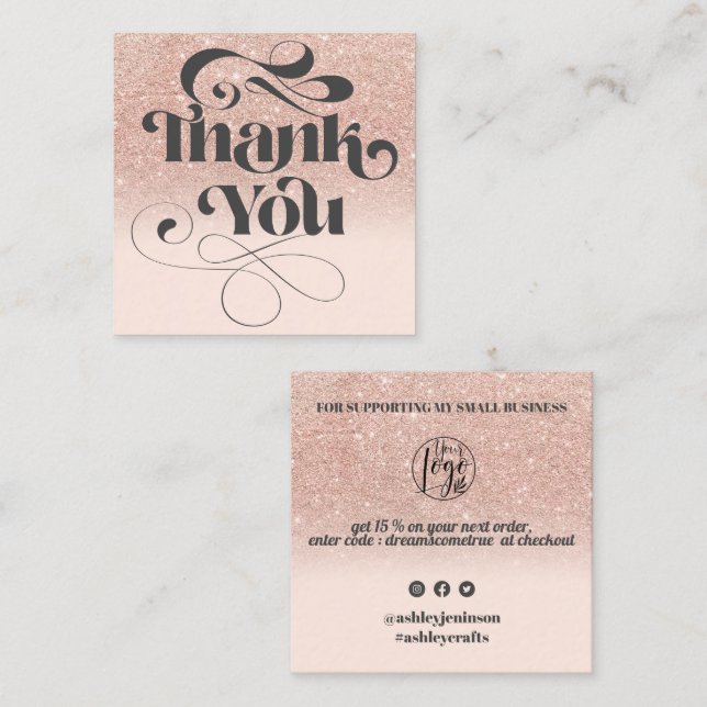 Rose gold glitter retro script order thank you square business card (Front/Back)