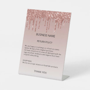 Rose Gold Glitter Return Policy Retail Shop Pedestal Sign