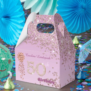 Rose Gold Glitter & Ribbon 50th Birthday Favor Box