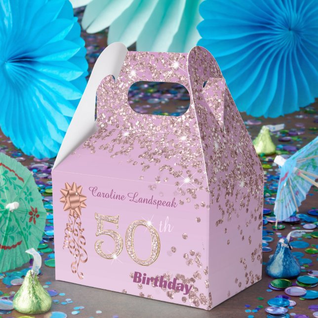 Rose Gold Glitter & Ribbon 50th Birthday Favor Box (Party)