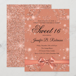 Rose Gold Glitter & Ribbon Winter Sweet 16 Invitation