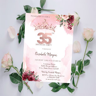  Rose Gold Glitter Roses Crown 35th Birthday  Invitation